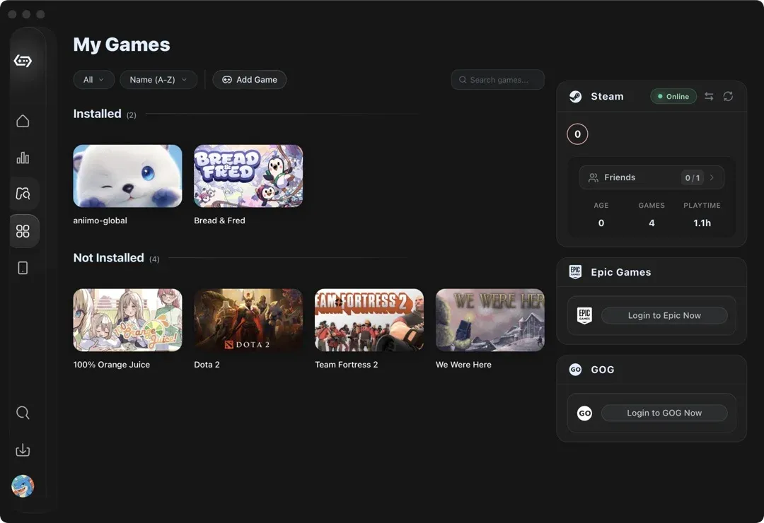 GameHub My Games page with an Installed row of game tiles, a Not Installed row, an Add Game button and a Steam panel on the right