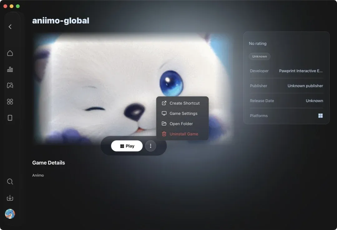 Game page with the three-dot menu open beside Play, listing Create Shortcut, Game Settings, Open Folder and Uninstall Game