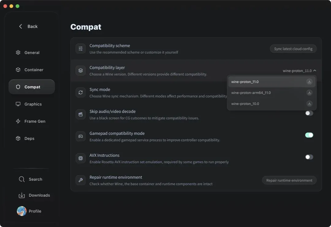 Compat tab with the Compatibility layer list open, showing three entries, each with a download icon, and Gamepad compatibility mode switched on