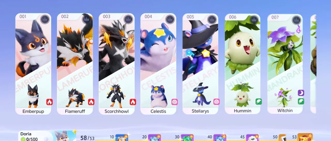 The Aniilog screen with creature cards Emberpup, Flameruff, Scorchhowl, Celestis, Stellarys, Hummin and Witchin