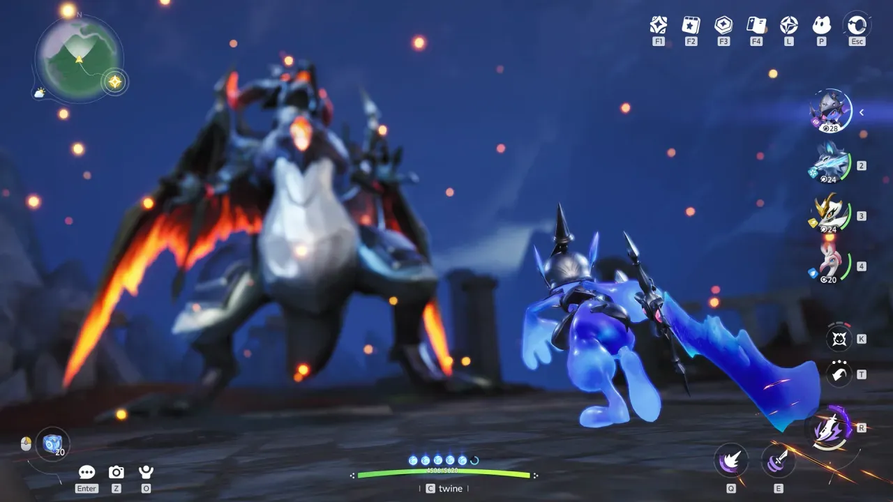 A dark winged dragon-like boss with glowing orange wings faces a blue armored Aniimo carrying a large blade at night
