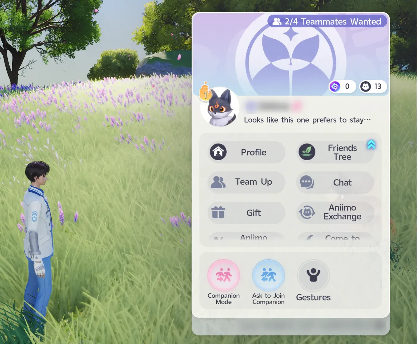 Aniimo player card with a 2/4 Teammates Wanted badge, the buttons Profile, Friends Tree, Team Up, Chat, Gift and Aniimo Exchange, and a bottom row with Companion Mode, Ask to Join Companion and Gestures
