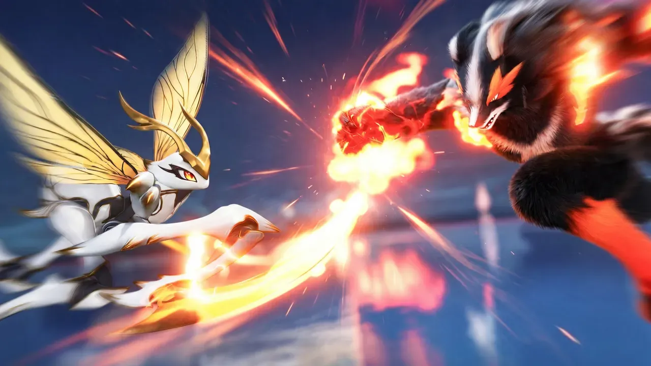 A white winged Aniimo with golden wings swings a glowing blade against a dark fox-like Aniimo wreathed in fire