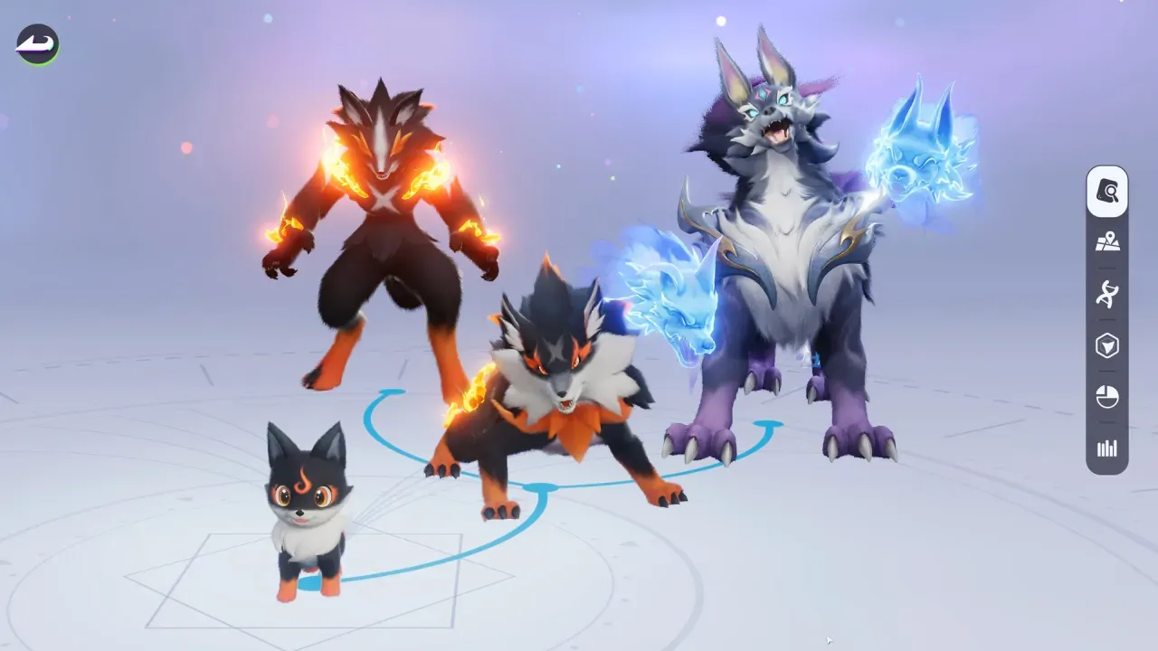 Four stages of a dark fox-like Aniimo line on the evolution screen, from a small pup to a large armored wolf wrapped in blue spirit flames