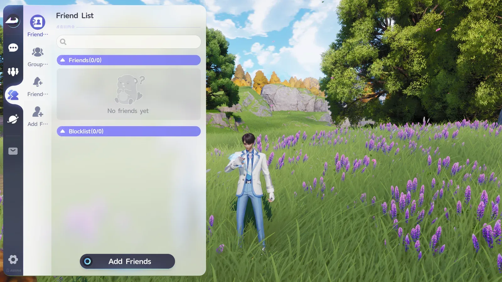 Aniimo Friend List with a Friends counter at 0 of 0 and an Add Friends button at the bottom