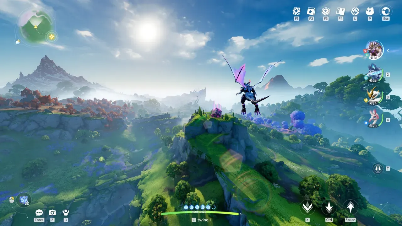 Aniimo screenshot: a winged creature gliding over green hills and blue trees under a bright sky, with four party portraits down the right edge.