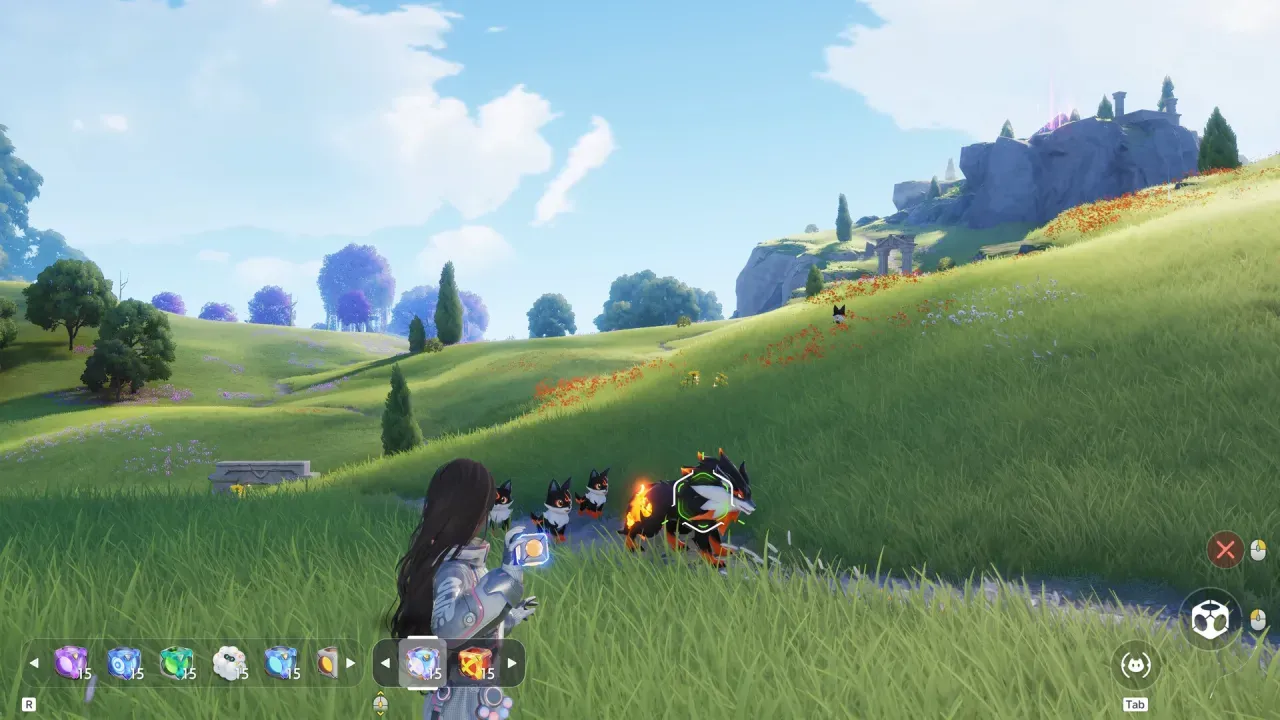 A player with a team of small dark fox-like Aniimo on a grassy hillside, with a rocky outcrop on the ridge ahead