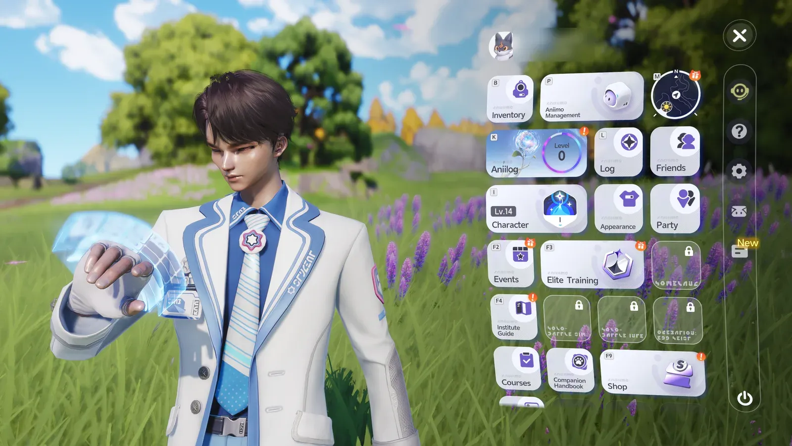 Aniimo main menu showing the Lv.14 badge on the Character tile and the Friends and Party tiles unlocked