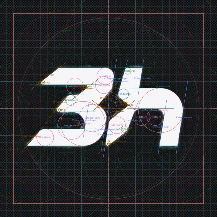 The 3h mark covered in construction: pink and green circles, thin straight guide lines in blue, orange and green, and small text labels, over the same grid.