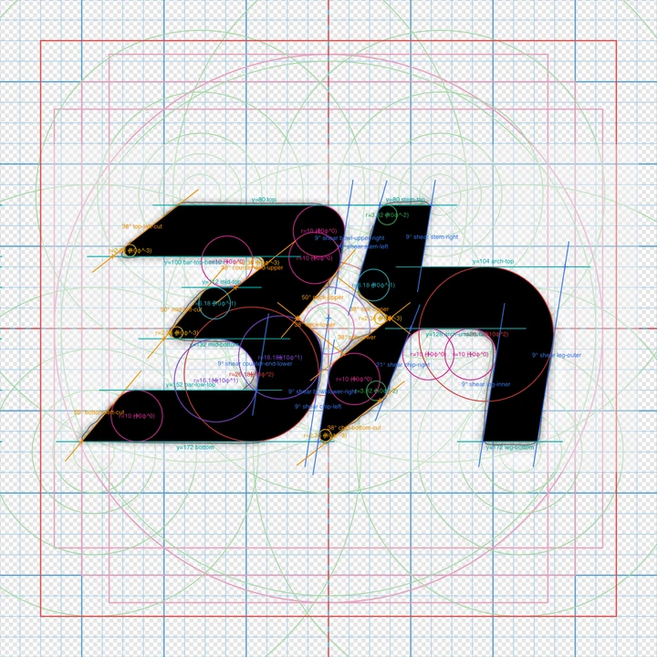 The 3h mark covered in construction: pink and green circles, thin straight guide lines in blue, orange and green, and small text labels, over the same grid.