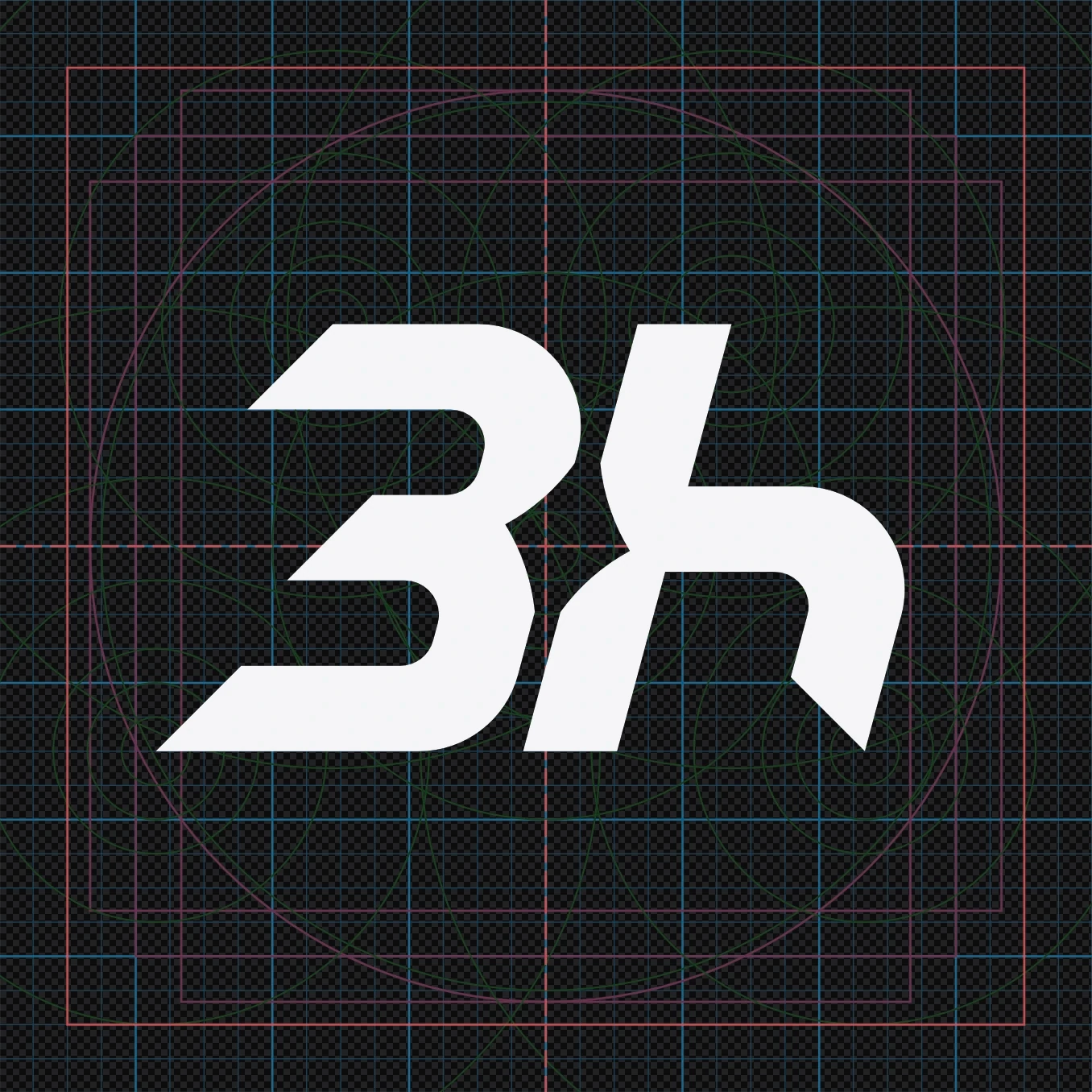 The 3h mark over a grid of fine squares with heavier lines at regular intervals, a red frame, pink frames and thin green circles of several sizes around the letters.