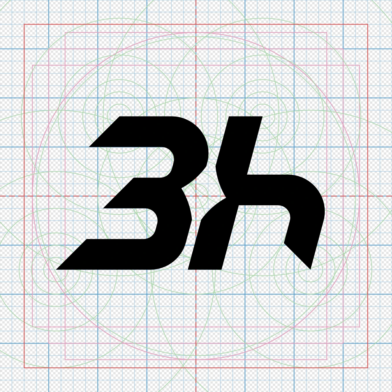 The 3h mark over a grid of fine squares with heavier lines at regular intervals, a red frame, pink frames and thin green circles of several sizes around the letters.
