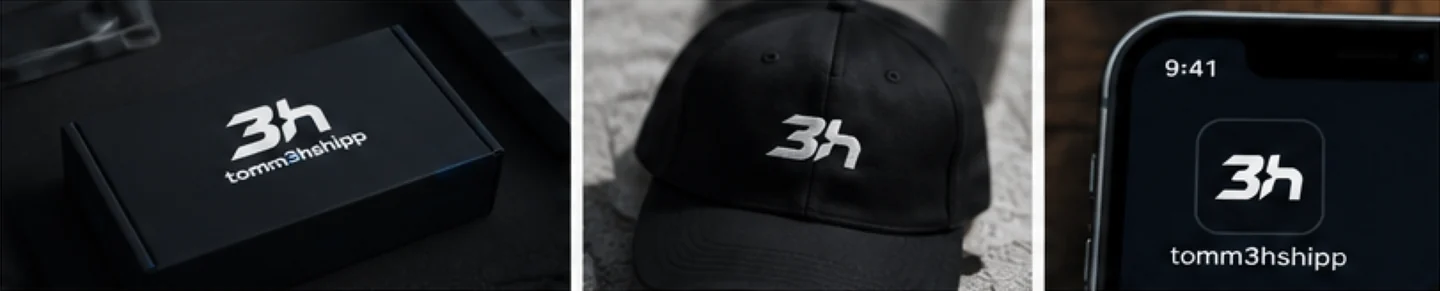 Three photos side by side, each showing a white 3h mark on black: on the lid of a dark box with the name below it, on the front of a black cap, and on a phone's app icon with the name below it.