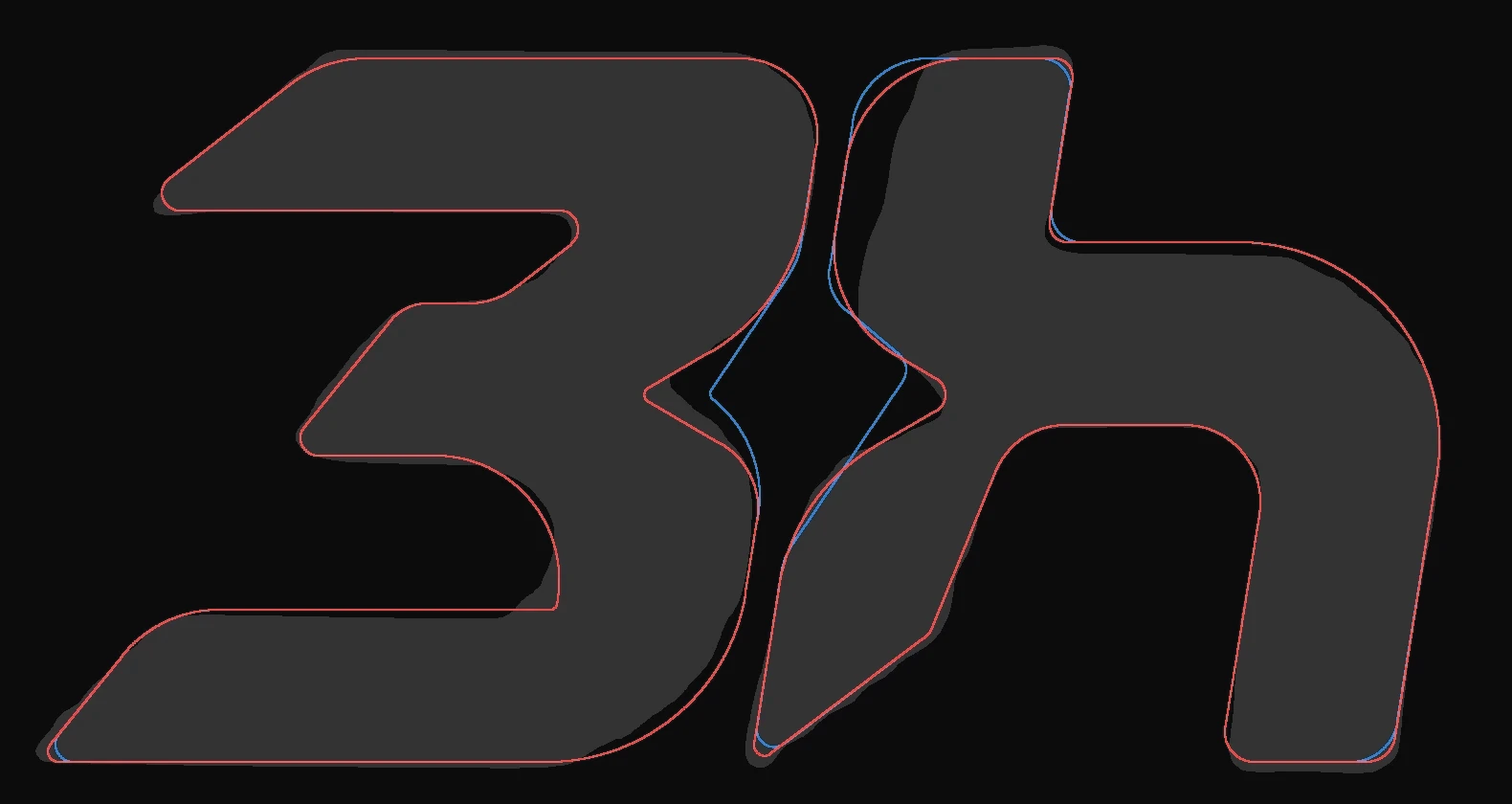 A gray 3h silhouette with a thin red outline following its edges, and a blue outline that follows it too except around the space between the letters, where the blue notch sits further from the gray than the red one.