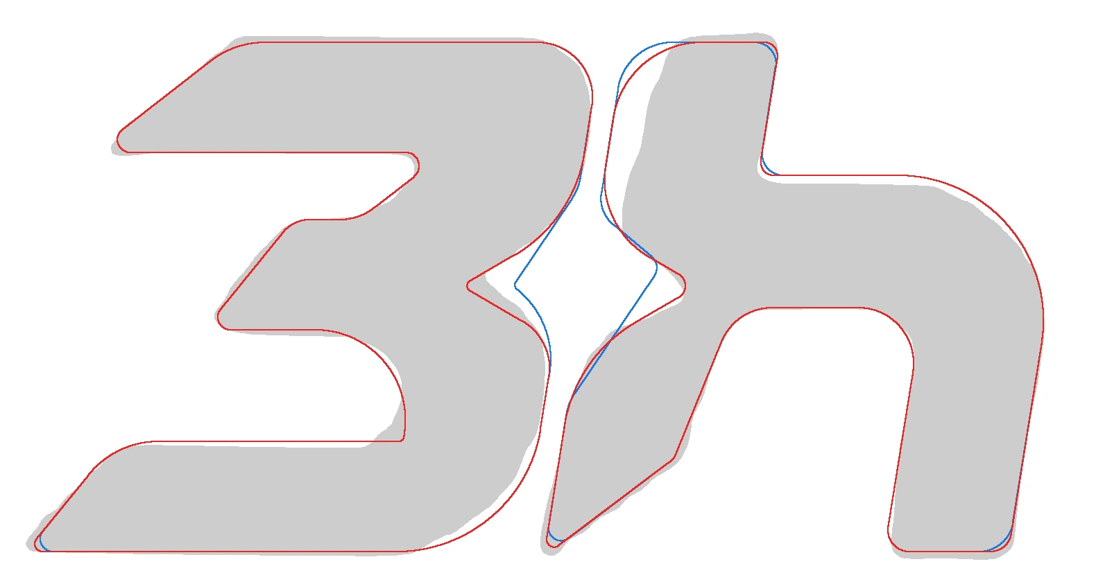 A gray 3h silhouette with a thin red outline following its edges, and a blue outline that follows it too except around the space between the letters, where the blue notch sits further from the gray than the red one.